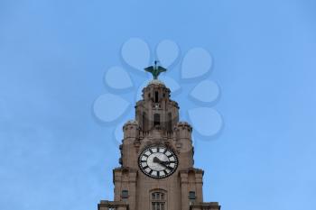 Liverpool, UK - 19 October 2019: Clock tower of Royal Liver Building at dusk