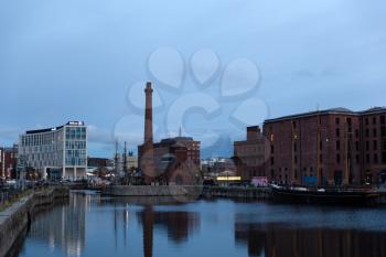 Liverpool, UK - 19 October 2019: Buildings in the area of Albert Dock and Salthouse Dock reflected in the water