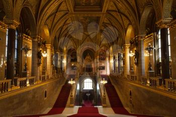 Budapest, Hungary - 6 May 2017: Inside Hungarian Parliament, main building stairway