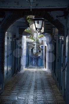 Street tunnel in a blue city of Chefchaouen Morocco