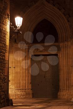 Barcelona, Spain - 28 June 2012: Entrance of Santa Maria del Mar at night, e; Born
