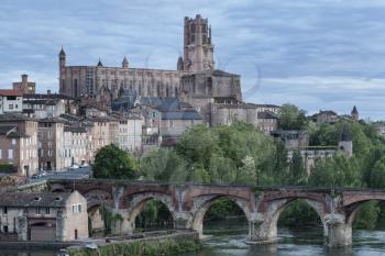 View over Cathedral of Saint Cecilia of Albi and Vieux Pont d'Albi in the evening
