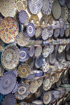 Exuberant moroccan patterns on ceramic on sale in street market at Fez