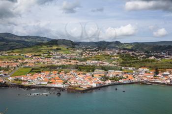 Aerial view of Horta showing red tile roofs, Faial, Azores, Portugal