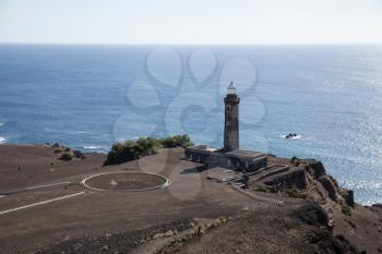 Capelinhos Volcano, Faial Island, Azores, Portugal: July 15 2019 - lighthouse which markes the western coastal limit of Ponta dos Capelinhos