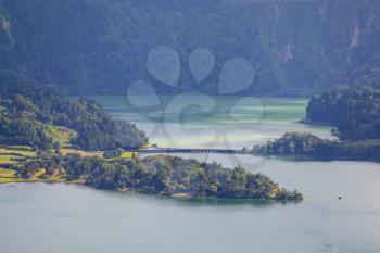 Lagoa das Sete Cidades showing the Blue Lake (left) and the Green Lake (right) divided by bridge