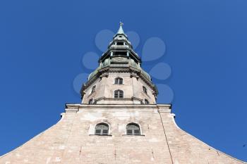Riga, Latvia - 24 August 2019: St. Peter's Church low angle view