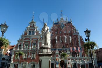 Riga, Latvia - 24 August 2019: Ratslaukums square (Town Hall Square) and House of the Blackheads