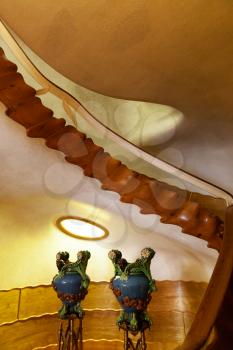 Barcelona, Spain - 30 July 2020: Casa Batllo, entrance spiral staircase