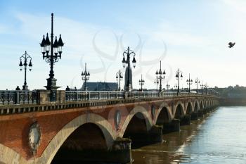 Bordeaux, France: 22 February 2020: Pont de pierre (Stone Bridge) on a bright sunny day