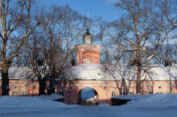 Suomenlinna, Helsinki, Finland - 20 January 2019: Suomenlinna Brewery clock tower close-up in winter