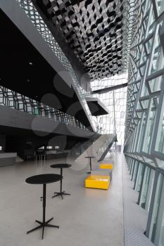 Reykjavik, Iceland - 17 June 2014: Interior of Harpa concert hall showing wide open spaces and stairs