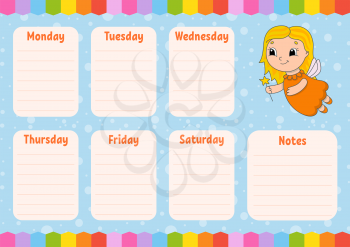 Tooth Fairy. School schedule. Timetable for schoolboys. Empty template. Weekly planer with notes. Isolated color vector illustration. Cartoon character.