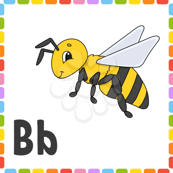 Funny alphabet. Letter B - bee. ABC square flash cards. Cartoon character isolated on white background. For kids education. Developing worksheet. Learning letters. Color vector illustration.