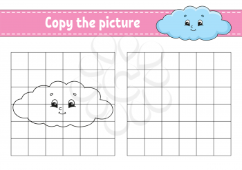 Funny cloud. Copy the picture. Coloring book pages for kids. Education developing worksheet. Game for children. Handwriting practice. Funny character. Cute cartoon vector illustration.