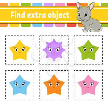Find extra object. Educational activity worksheet for kids and toddlers. Game for children. Happy characters. Simple flat isolated vector illustration in cute cartoon style.
