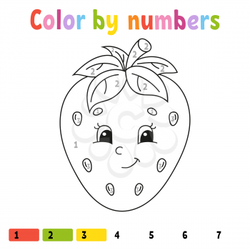 Color by numbers strawberry. Coloring book for kids. Food character. Vector illustration. Cute cartoon style. Hand drawn. Worksheet page for children. Isolated on white background.