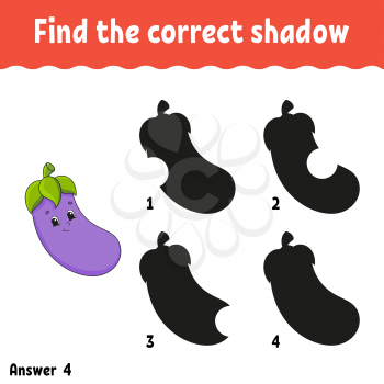 Find the correct shadow eggplant. Education developing worksheet. Matching game for kids. Activity page. Puzzle for children. Cartoon character. Isolated vector illustration.