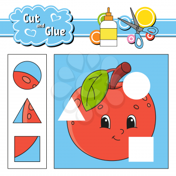 Cut and glue. Game for kids. Education developing worksheet. Cartoon apple character. Color activity page. Hand drawn. Isolated vector illustration.