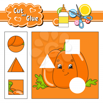 Cut and glue. Game for kids. Education developing worksheet. Cartoon pumpkin character. Color activity page. Hand drawn. Isolated vector illustration.