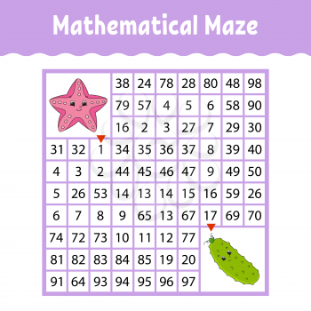 Sea star, Vegetable cucumber. Mathematical square maze. Game for kids. Number labyrinth. Education worksheet. Activity page. Puzzle for children. Cartoon characters. Color vector illustration.