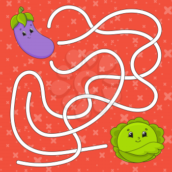 Vegetable eggplant, cabbage. Maze. Game for kids. Labyrinth conundrum. Education developing worksheet. Puzzle for children. Activity page. Cartoon character. Color vector illustration.