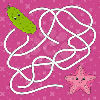 Sea star, Vegetable cucumber. Maze. Game for kids. Labyrinth conundrum. Education developing worksheet. Puzzle for children. Activity page. Cartoon character. Color vector illustration.