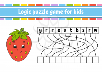 Logic puzzle game. Red strawberry. Learning words for kids. Find the hidden name. Worksheet, Activity page. English game. Isolated vector illustration. Cartoon character.