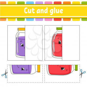 Cut and play. Paper game with glue. Flash cards. Color puzzle. Education developing worksheet. Activity page. For children. Funny character. Isolated vector illustration. Cartoon style.
