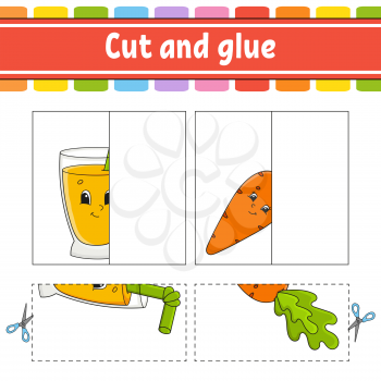 Cut and play. Paper game with glue. Flash cards. Color puzzle. Education developing worksheet. Activity page. For children. Funny character. Isolated vector illustration. Cartoon style.