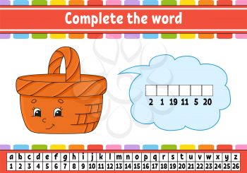 Complete the words. Cipher code. Learning vocabulary and numbers. Education developing worksheet. Activity page for study English. Game for children. Isolated vector illustration. Cartoon character.