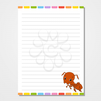 Sheet template for notebook, notepad, diary. With the image of a cute character. Isolated vector illustration. Cartoon style.