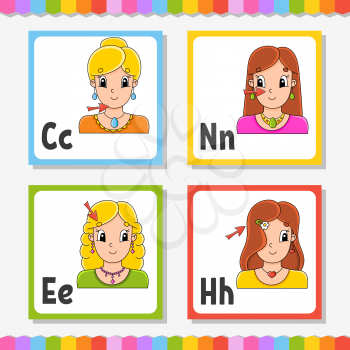English alphabet. Letter C, N, E, H. ABC square flash cards. Cartoon character isolated on white background. For kids education. Developing worksheet. Learning letters. Color vector illustration.