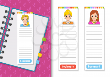 Set of paper bookmarks for books with cute cartoon characters. For kids. Beautiful cute fashionable girls with jewelry. Color vector illustration.