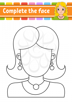 Worksheet complete the face. Coloring book for kids. Cheerful character. Vector illustration. Pretty girl. Cute cartoon style. Fantasy page for children. Black contour silhouette.