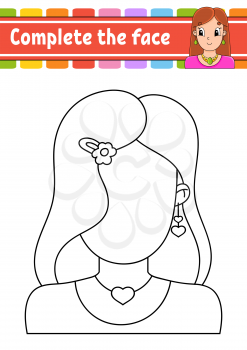 Worksheet complete the face. Coloring book for kids. Cheerful character. Vector illustration. Cute cartoon style. Pretty girl. Black contour silhouette. Isolated on white background.
