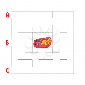 Square maze. Game for kids. Puzzle for children. Cartoon character candy box. Labyrinth conundrum. Color vector illustration. Find the right path. The development of logical and spatial thinking.