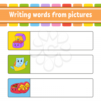 Writing words from pictures. Education developing worksheet. Ring box, envelope, candy box. Activity page for kids. Puzzle for children. Isolated vector illustration. Cartoon characters.
