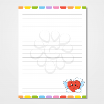 Sheet template for notebook, notepad, diary. Lined paper. Cute character heart. With a color image. Isolated vector illustration. Cartoon style.