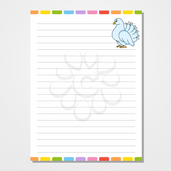 Sheet template for notebook, notepad, diary. Lined paper. Cute character dove. With a color image. Isolated vector illustration. Cartoon style.