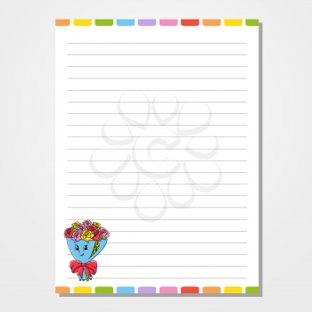 Sheet template for notebook, notepad, diary. Lined paper. Cute character bouquet. With a color image. Isolated vector illustration. Cartoon style.