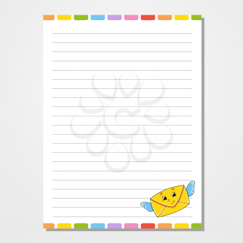 Sheet template for notebook, notepad, diary. Lined paper. Cute character envelope. With a color image. Isolated vector illustration. Cartoon style.