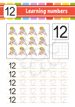 Number 12. Trace and write. Handwriting practice. Learning numbers for kids. Education developing worksheet. Activity page. Game for toddlers. Isolated vector illustration in cute cartoon style.