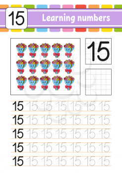 Number 15. Trace and write. Handwriting practice. Learning numbers for kids. Education developing worksheet. Activity page. Game for toddlers. Isolated vector illustration in cute cartoon style.
