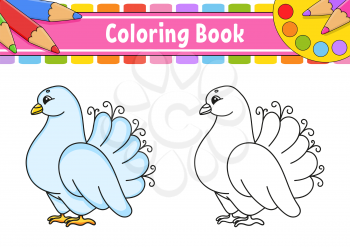 Coloring book for kids. Wedding white pigeon. Cartoon character. Vector illustration. Black contour silhouette. Isolated on white background.