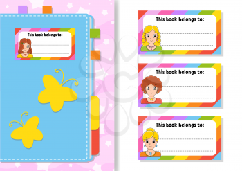 Book label stickers for kids. Bea girls. The rectangular shape. Isolated color vector illustration. Cartoon character. For the diary, notebook, book.