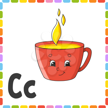English alphabet. Letter C - cup. ABC square flash cards. Cartoon character isolated on white background. For kids education. Developing worksheet. Learning letters. Color vector illustration.