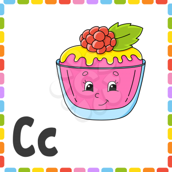 English alphabet. Letter C - cake. ABC square flash cards. Cartoon character isolated on white background. For kids education. Developing worksheet. Learning letters. Color vector illustration.