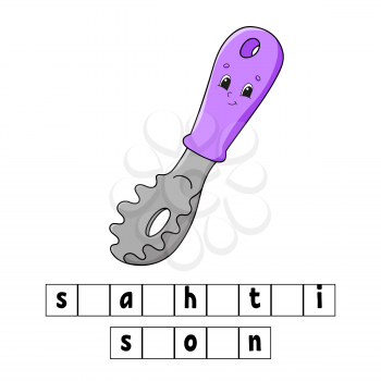 Words puzzle. Spaghetti spoon. Education developing worksheet. Learning game for kids. Color activity page. Puzzle for children. English for preschool. Vector illustration. Cartoon style.