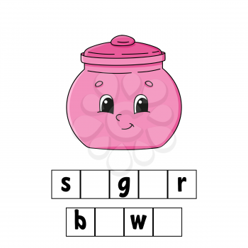 Words puzzle. Sugar bowl. Education developing worksheet. Learning game for kids. Color activity page. Puzzle for children. English for preschool. Vector illustration. Cartoon style.